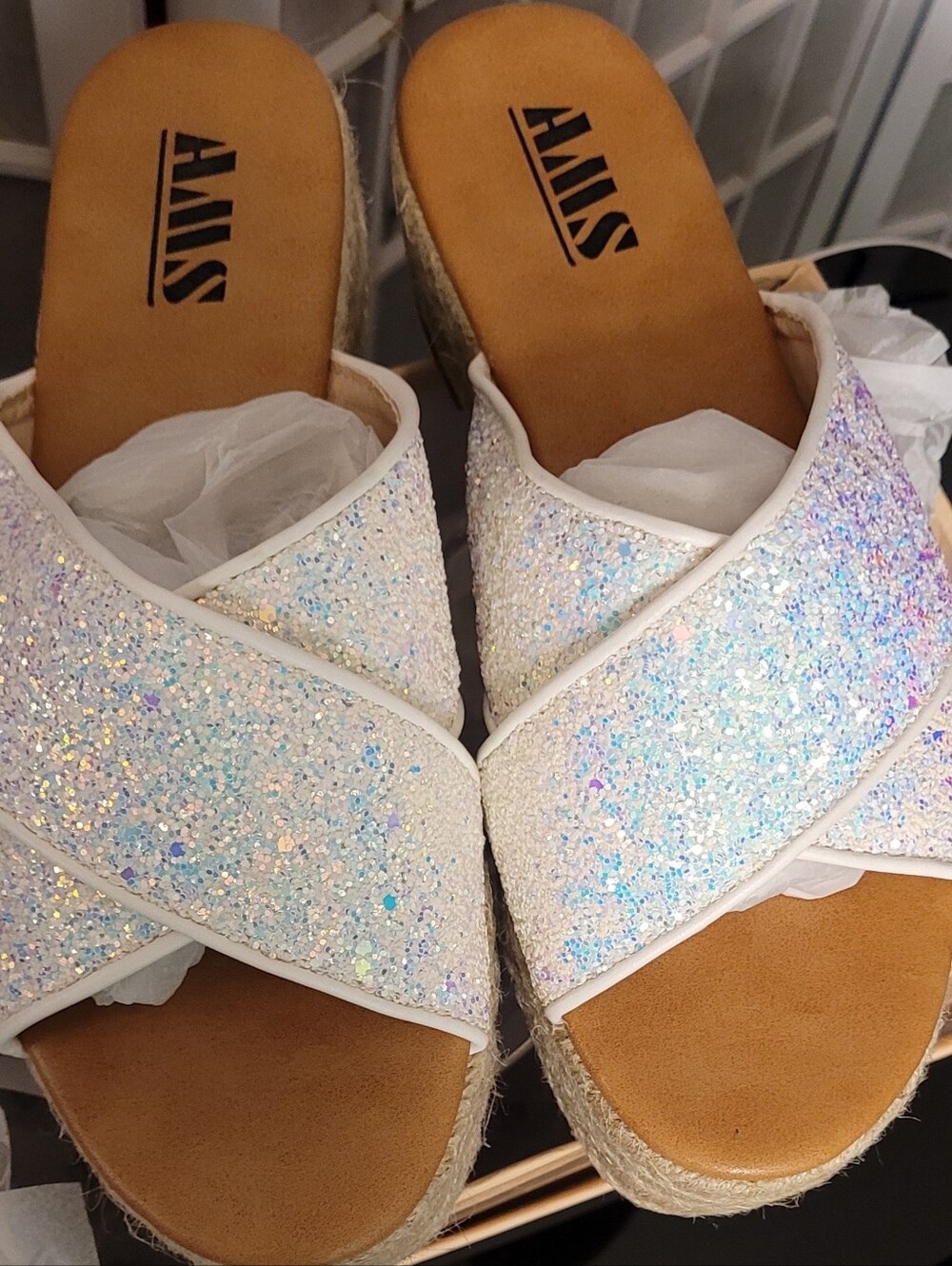 Iridescent White Glitter Rope Platform Sandals, Size 6.5M NIB